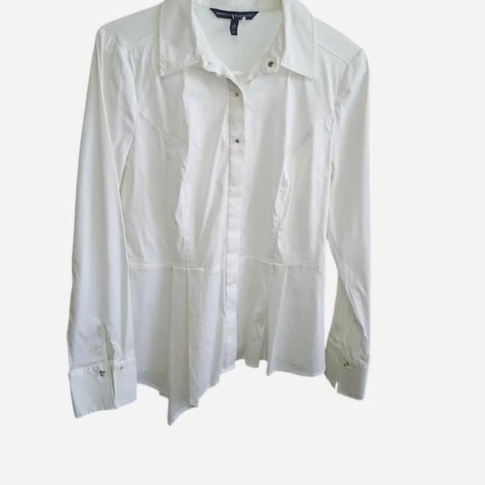 White Button Down Blouse Pleated Asymmetrical Hem White House Black Market Large